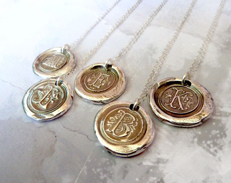 Bridesmaid Gift Set of Five Necklaces. Personalized Wax Seal Initial Monogram Letter Fine Silver Pendant . Wedding Jewelry