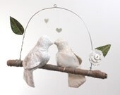 2 Partridge in a Pear Tree - Modern Love Bird Mobile in cream, snow white, carmel brown and olive green