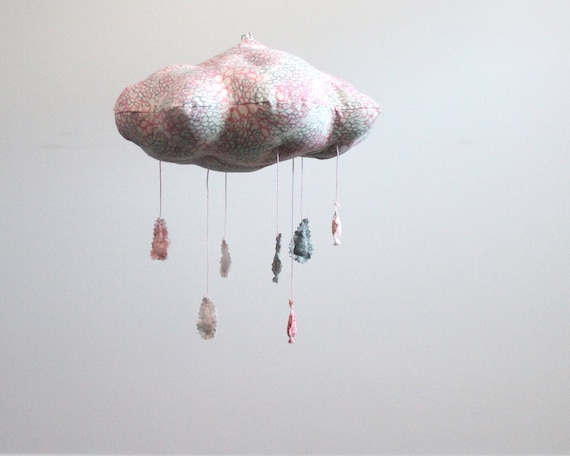Pink Cloud Mobile - fabric sculpture for child nursery decor in silver gray, snow white, blush pink, and rose