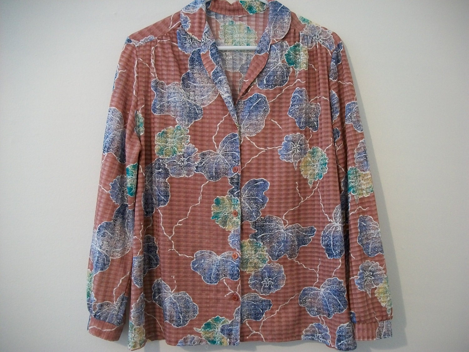 Vintage 80s beige top with purple leaves - plus size - FREE shipping worldwide