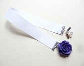 White Ribbon Bookmark With Purple Rose & Beads (D3)