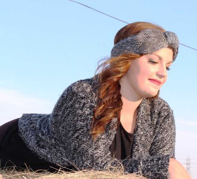 Knit Headband. Grey Headband. Feather Headband.Knit Earwarmer. For Her. Vintage Headband. Made to Order.
