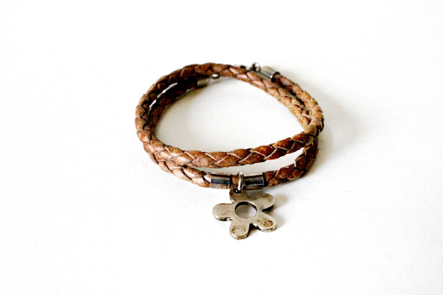 Brown Leather Bracelet with Sterling Silver Flower