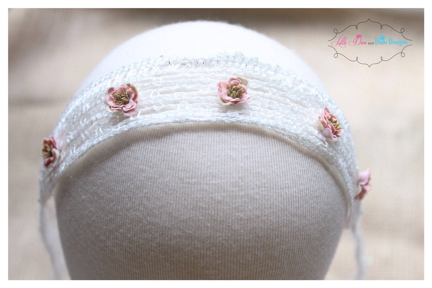 pink and cream crochet halo/tieback with mini flower accents