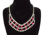 Vintage 1950's Cranberry Red & Crystal Clear Rhinestone Necklace 5 Tiers of Rhinestones WOW - PinkyAGoGo