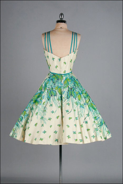 Vintage 1950s Dress . Ivory . Turquoise . Butterfly . Glitter . Full Skirt . XS/S . 1914