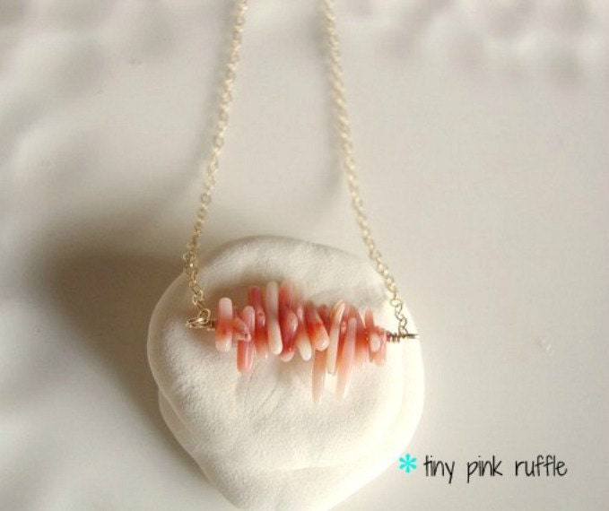 coraline - pink coral mini branches - tiny ruffle at your throat - unique everyday jewelry (silver version avail)