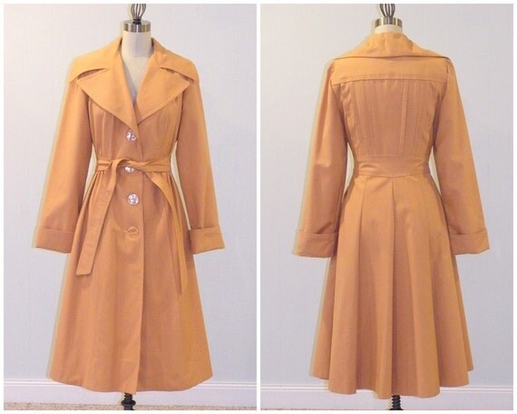 Vintage 1970s Swing Trench Coat, 70s Persian Orange Swing Skirt Winged Collar Long Sleeve Fall Coat, Back Tuck Pleats, Detective Spy Coat