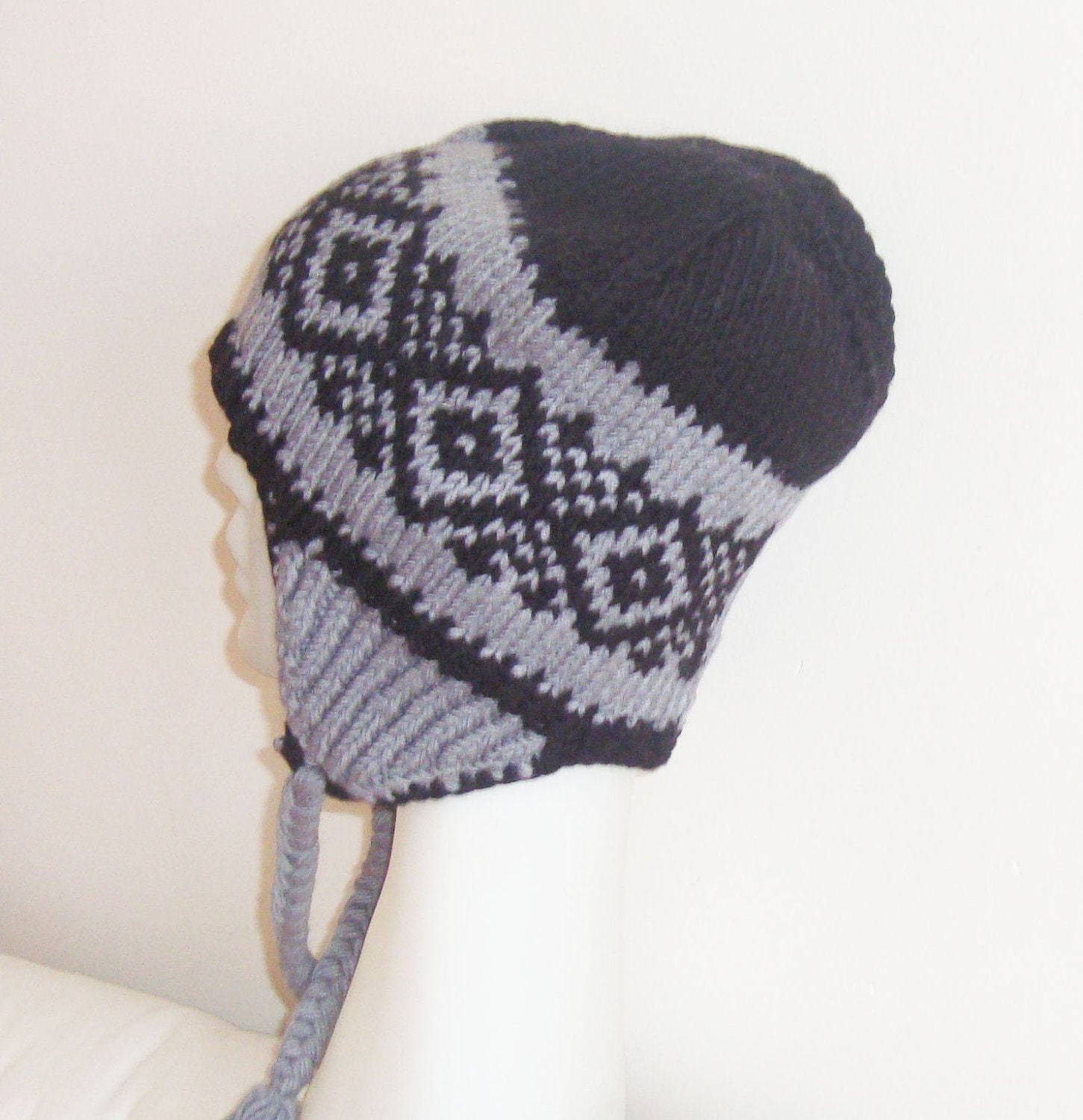 Hand Knit Hat - Wool Mens or Womens Hat with Ear Flap in Grey and Black READY TO SHIP