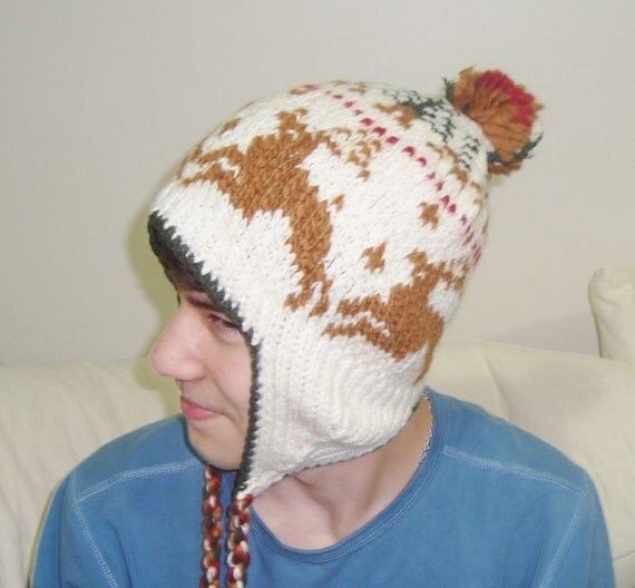 Handmade Hat Hand Knit Hat Earflap Winter Hat Deers Patterned