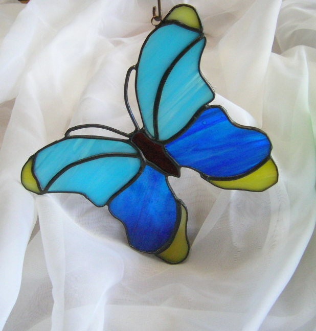 Blue and Yellow Butterfly in stained glass