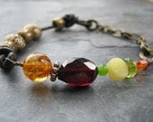 Gemstone, Antique Brass and Leather Bracelet