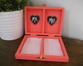 Rustic Personalized Ring Box His and Her's Custom color engraved, ring bearer pillow, chalkboard or wood tag coral shown