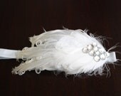 Feather and Rhinestone Headband in White
