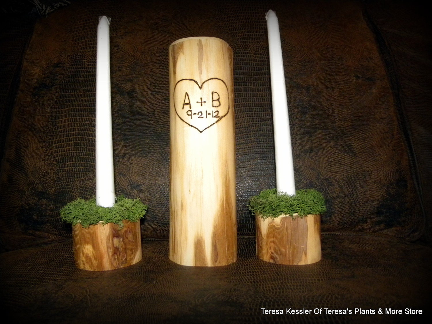 Rustic Mossy Woodland Wedding Unity Candle Sets-PERSONALIZED Made to order-Wooden Tea light Candle Holders