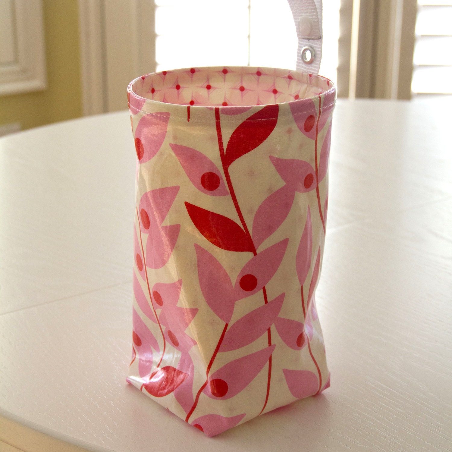Wastebasket car trash can use anywhere trash can made of red and pink laminated cotton waterproof WASTIE plus FREE Command Hook