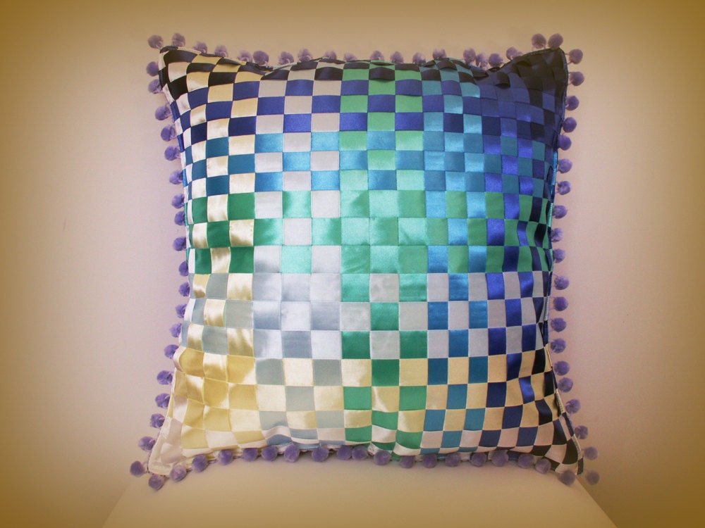 Decorative cushion -  woven satin ribbon - 18" x 18" - square cushion - ombré effect - contemporary decor - throw pillow - eco friendly.