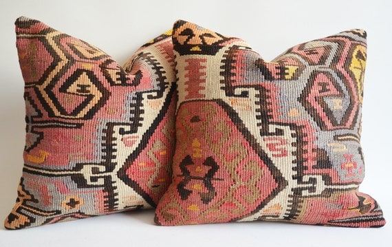 Sukan / SET (2 Piece) Organic Shine Society Modern Bohemian Throw Pillow. Handwoven Vintage Tribal Turkish Kilim Pillow Cover
