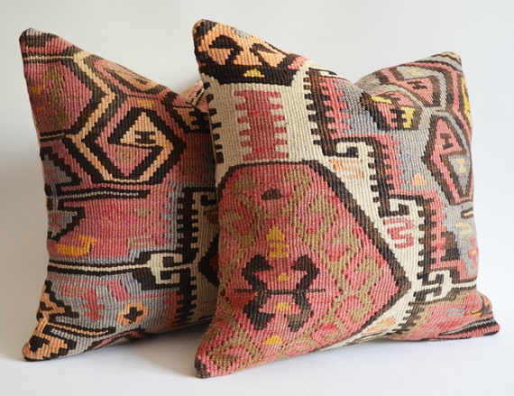 Sukan / SET (2 Piece) Organic Shine Society Modern Bohemian Throw Pillow. Handwoven Vintage Tribal Turkish Kilim Pillow Cover