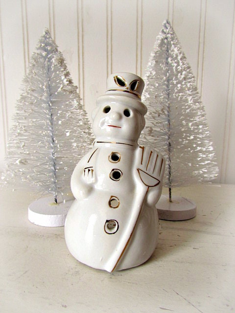 Shabby White Christmas Vignette...2 White Flocked Bottle Brush Trees and Vintage Porcelain Snowman Tea-lite Holder
