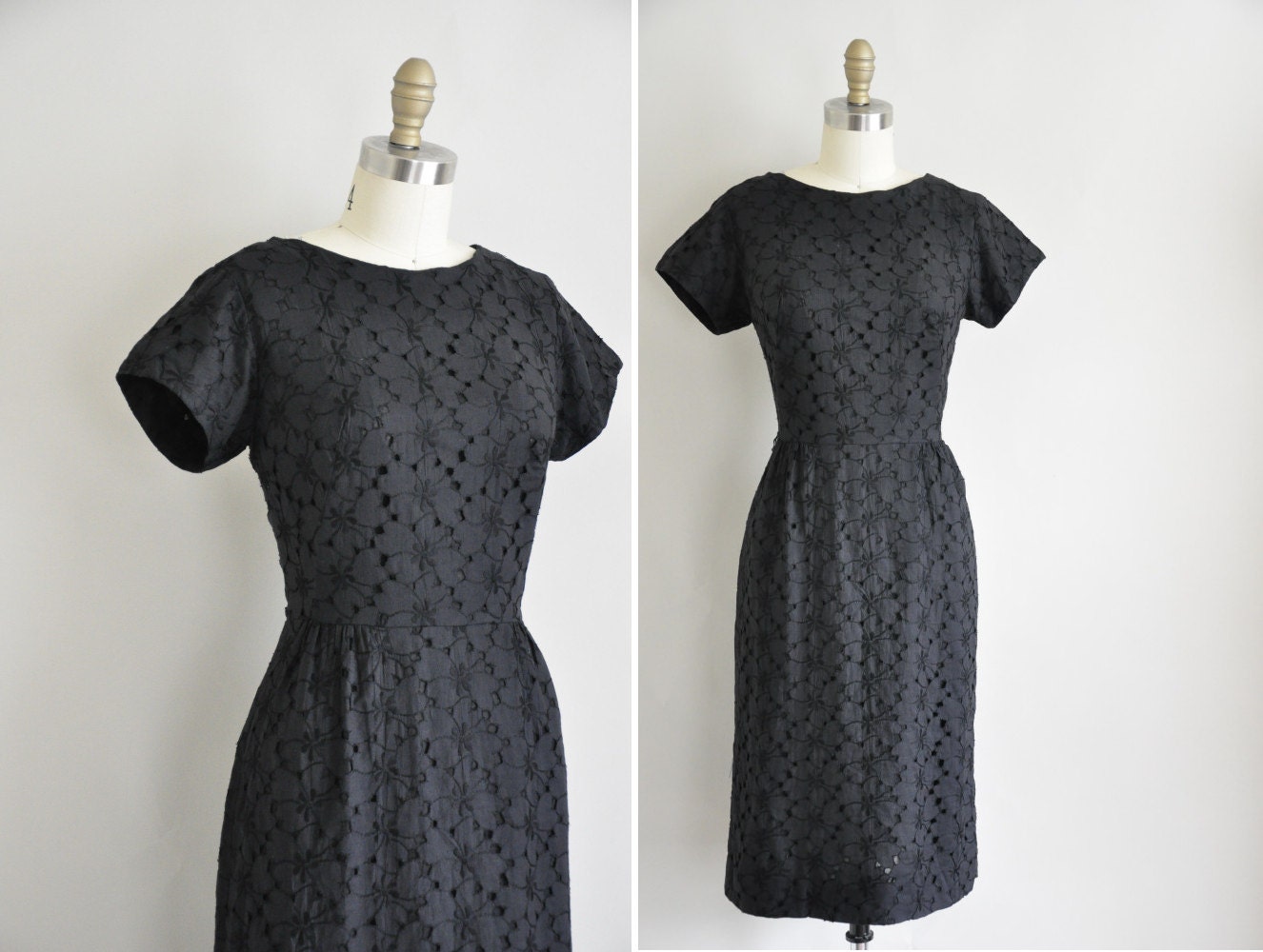 vintage 1950s dress / 50s black dress / 50s cut out lace cotton dress
