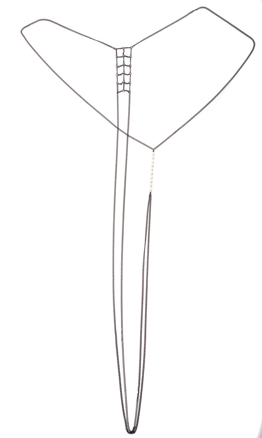 Pearl and Gunmetal Delicate Body Chain, Reversible Vest