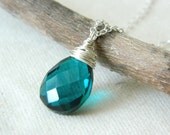 Peacock Blue Quartz Necklace - Teal Wire Wrapped Sterling Silver - Faceted Stone - READY TO SHIP