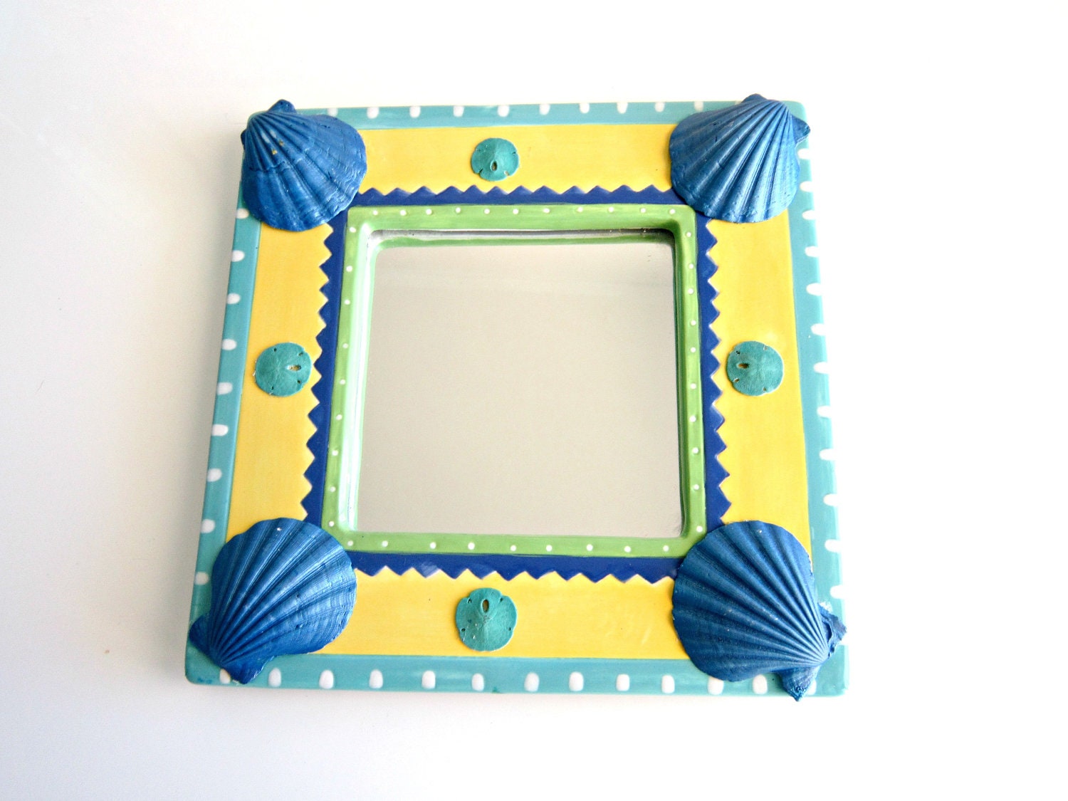 Embellished Picture Frame or mirror turquoise and yellow with shells