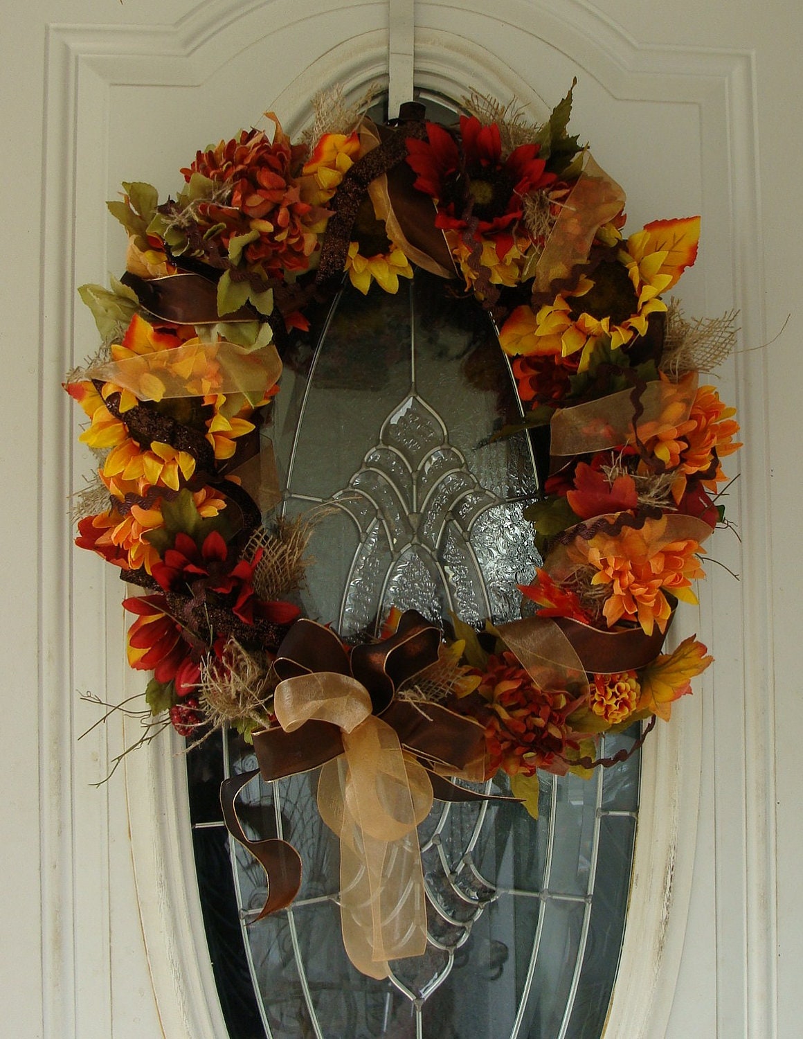 Fall Floral Orange and Brown Shimmery Ribbon Grapevine Wreath