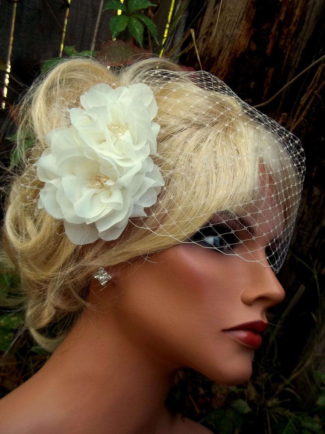 Chiffon double flower bridal fascinator and french net bandeau veil, wedding hair clip, freshwater pearls, Swarovski crystals