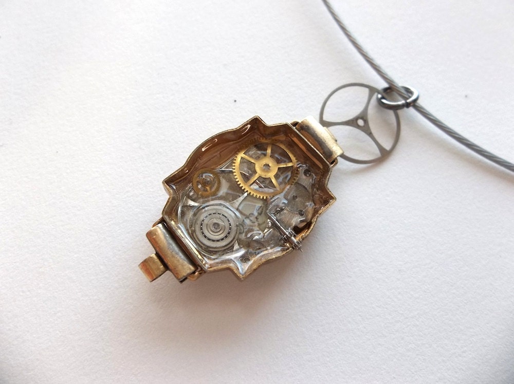 Rolled gold old watch case facefilled with watch parts Reversable pendant necklace