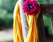 Infinity Scarf Necklace with Felt Rosette Brooch - Bright Yellow with Hot Pink Rosette Blue Center