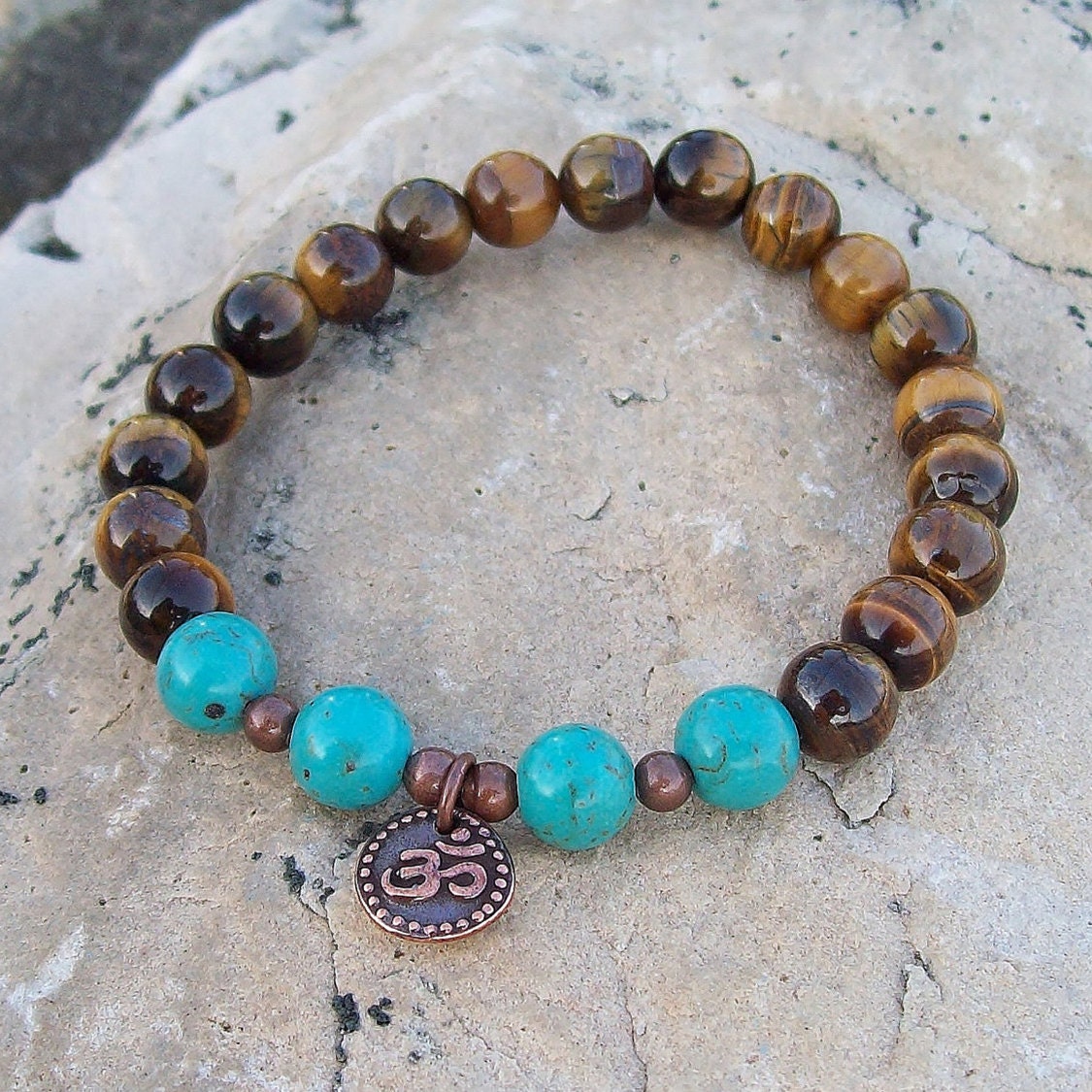 Tigereye and Magnesite Beaded with OM Charm Meditation Stretch Bracelet