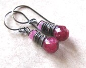 Natural Ruby Earrings,  Pink Sapphire Dangle Earrings,  Red Ruby Gemstone, Wire Wrapped Sterling Silver,  July Birthstone Jewelry