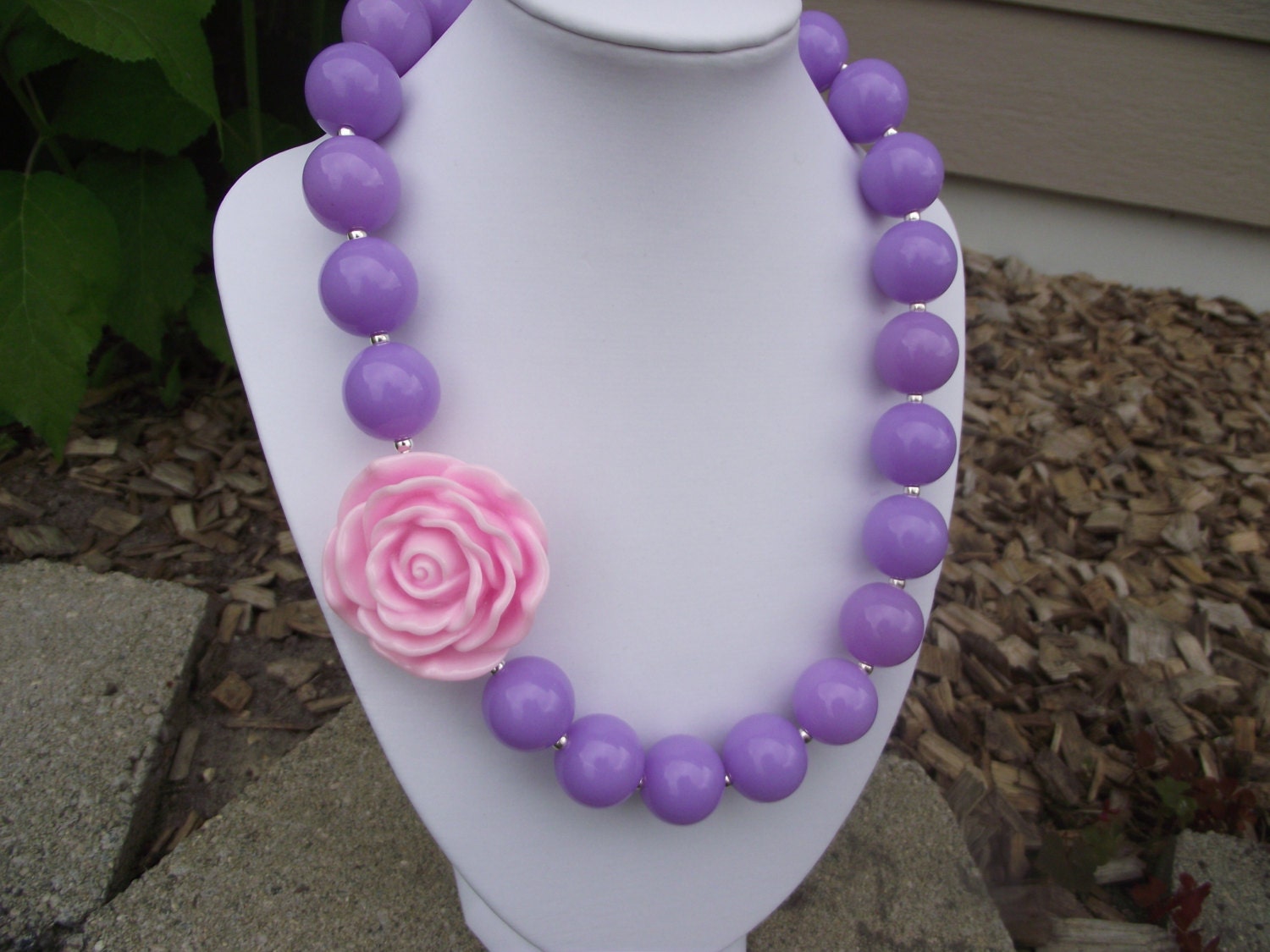 Purple with Pink Rose Chunky Necklace, Bubblegum Necklace, Gumball Necklace, Women, Teen, Girl, Toddler, Gift, Photo Prop