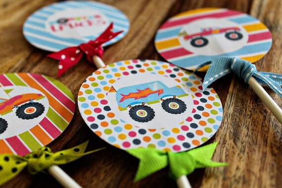 Girly Monster Trucks Theme - Printable Party Tags - Circles -Cupcake Toppers Il_570xn