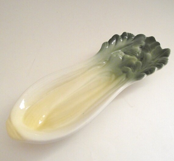 Vintage Ceramic Celery Shaped Dish in Green and by