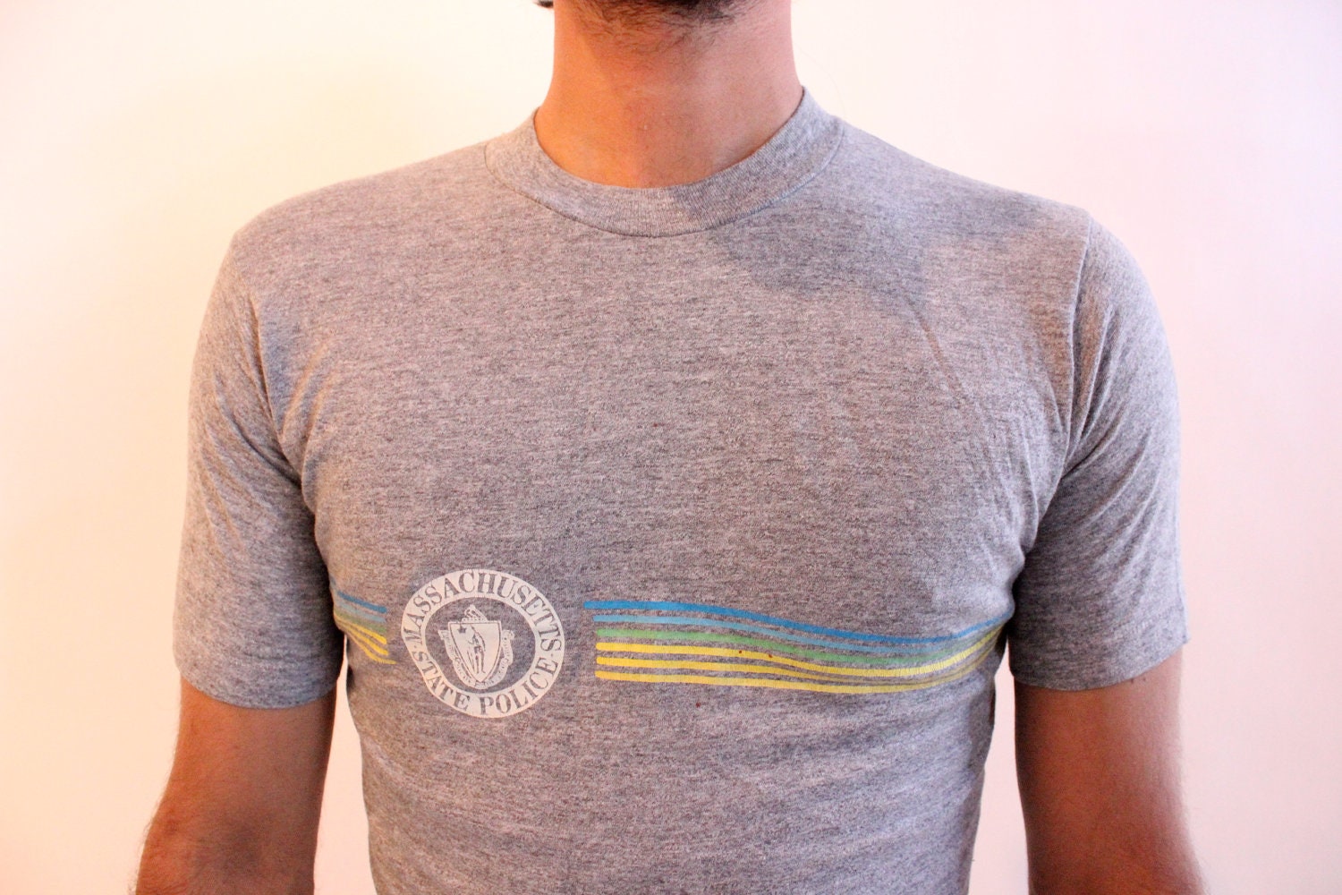 SHADES OF GRAY 70s Massachusetts State Police Striped Gray Graphic T Shirt