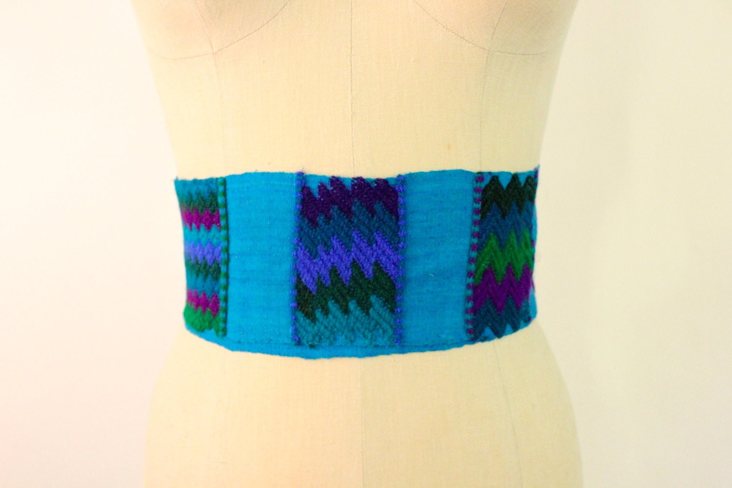 DOUBLE WRAP 70s Bright Blue Embroidered Sash Belt
