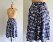 vintage wrap skirt - 70s plaid skirt - A line - dark blue - Medium - knee length - patch pockets