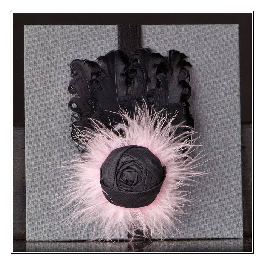 Black Curly Feather Headband with Black Silk Rosette Flower and Pink Feather Accent