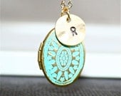 Personalized Patina Locket  Necklace, One Custom Initial
