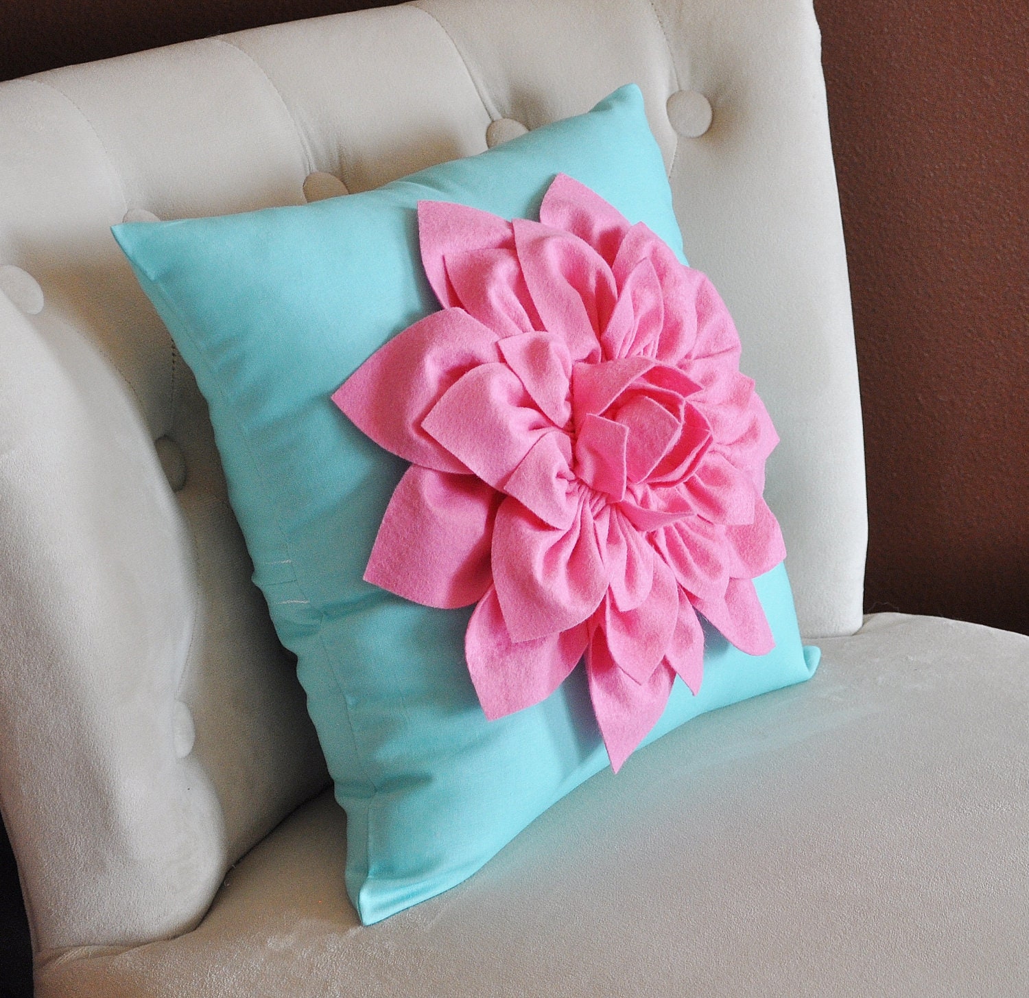 Throw Pillow Pink Rose on Bright Aqua Pillow 14 x 14