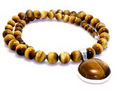 Dramatic Statement Tiger Eye Necklace Single Strand Brown Tiger Eye Pendant Sterling Silver Beaded Gemstone Jewelry Fine Jewelry