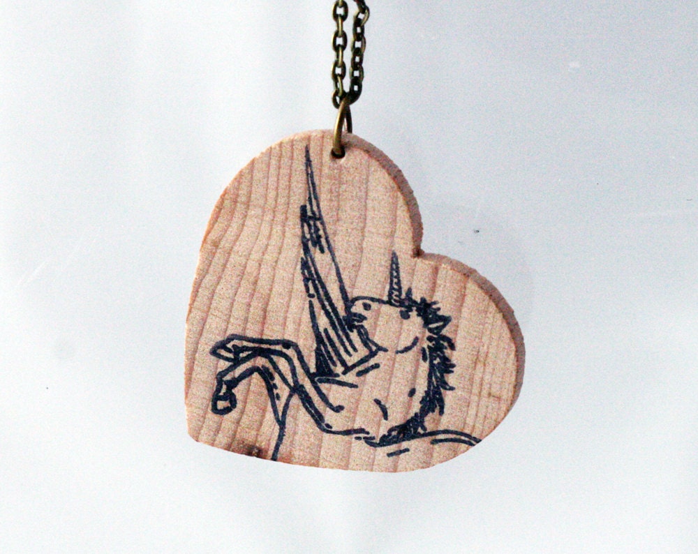 Rearing pegasus winged unicorn hand stamped heart necklace