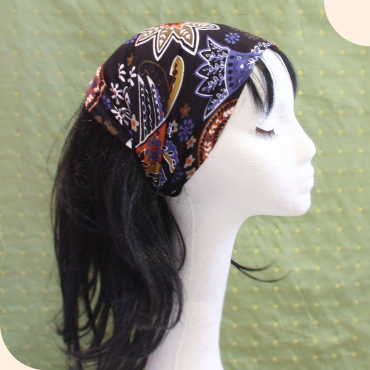 Lycra Rayon jersey wide Yoga headband Flower Paisley in Black