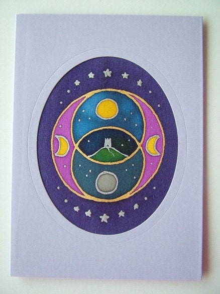 Reduced: Purple Vesica Pisces Glastonbury Tor Avalon Silk Greeting Card Hand Painted