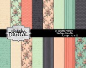 Vintage Floral Digital Papers, Floral Digital Backgrounds, Flower and Polka Dot Papers, Script and Stripes Printable Paper Pack