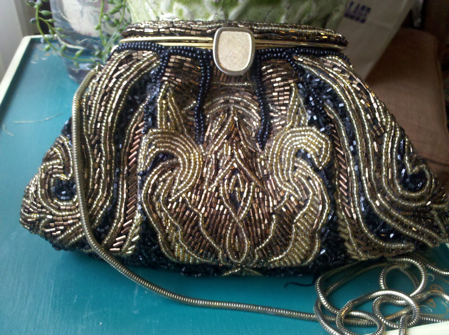 1950s Vintage La Regale Evening Bag Purse Black and Gold Beaded