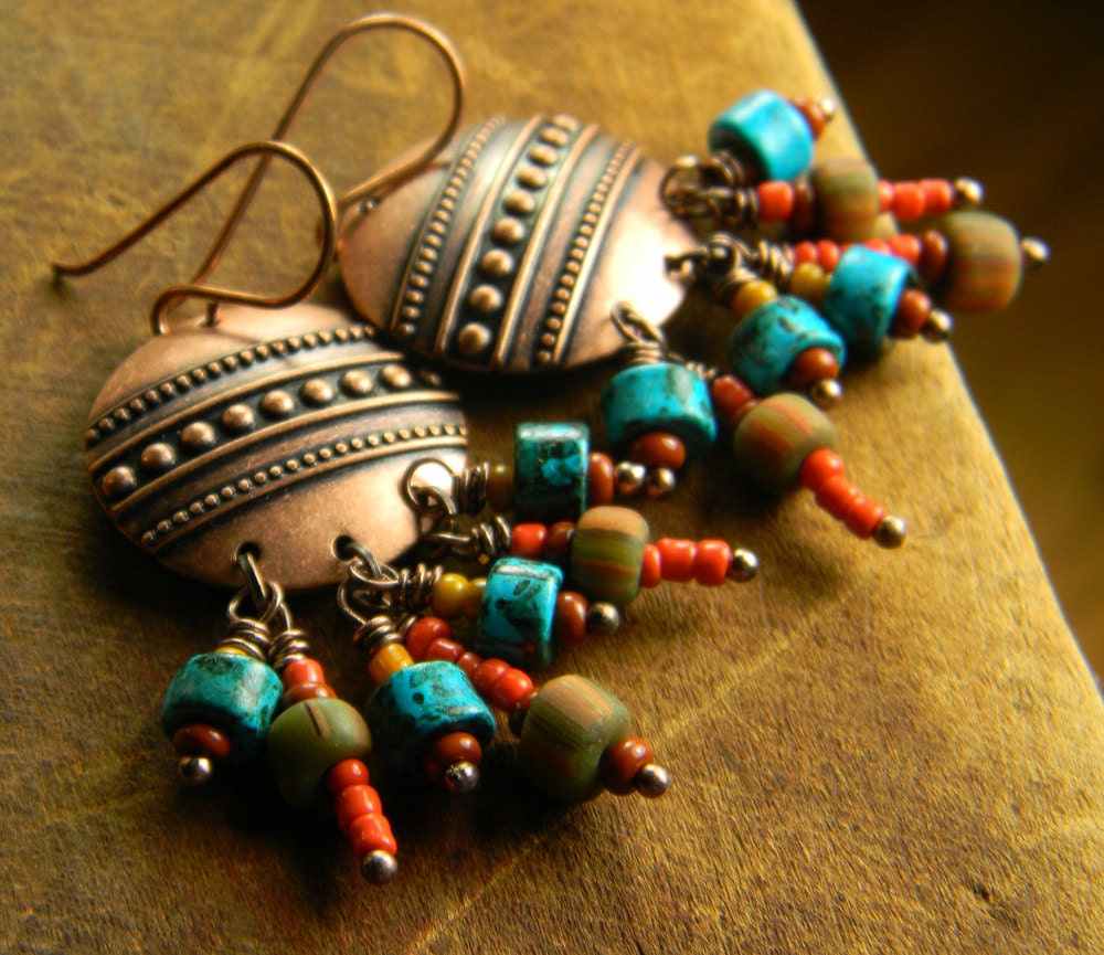 Copper Southwestern Earrings Colorful Tribal OOAK